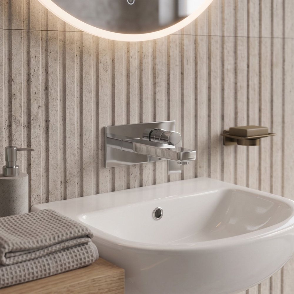 modern neutral bathroom with wall mounted silver chrome tap 