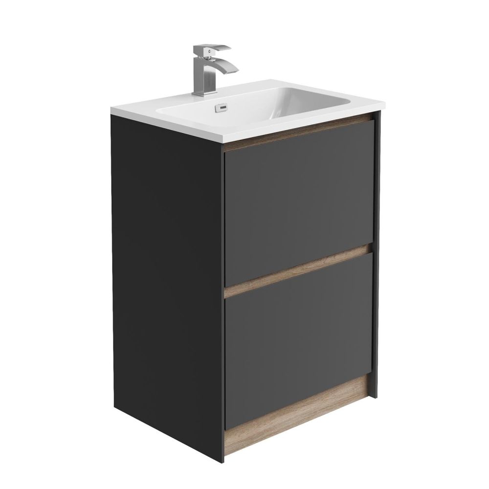 Newbury Floor Standing Vanity Unit in Matt Black & Sawn Oak - 600mm