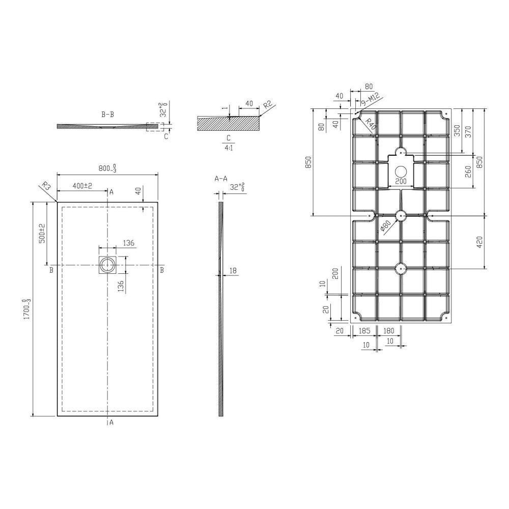 Peoria Rectangle Shower Tray 1700x800mm Spec Drawing