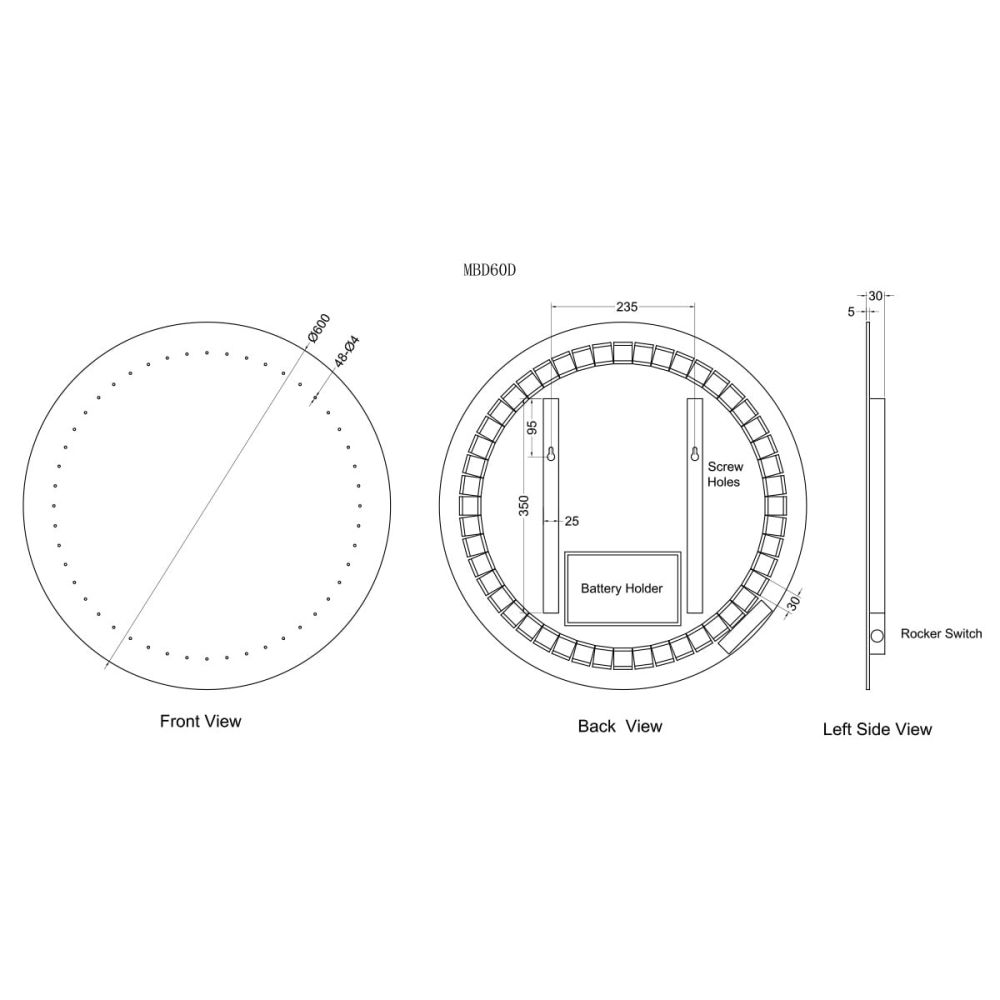 Ciara Round Battery Operated LED Bathroom Mirror 600x600mm Dimension Drawing