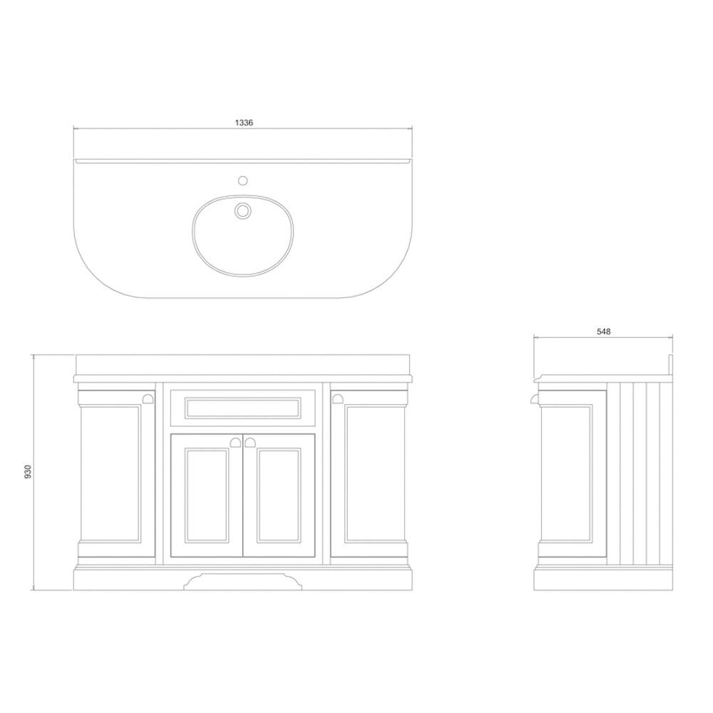 Technical drawing of a traditional grey freestanding vanity unit with one integrated basin