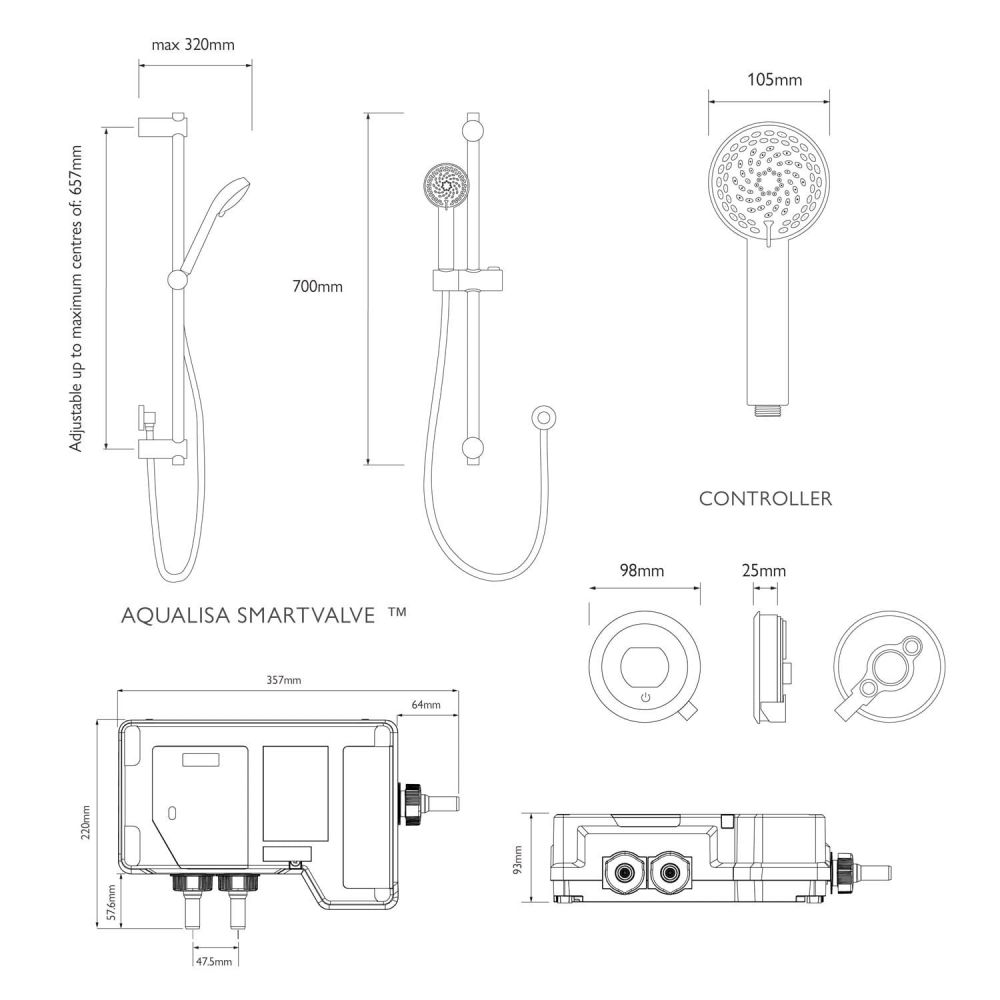 Aqualisa Quartz Touch Concealed Smart Shower with Adjustable Head - Hp/Combi