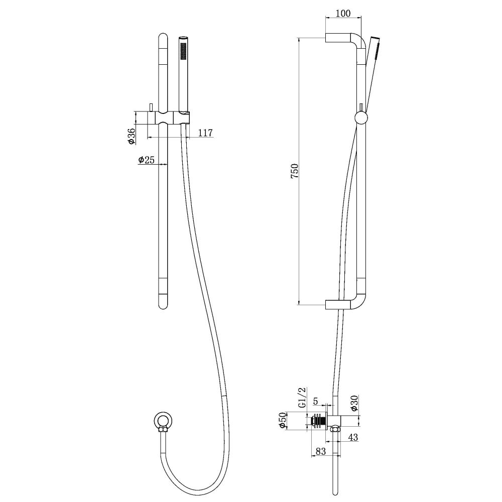 Elora Chrome Round Concealed Valve Shower Slide Rail Pack Spec Drawing