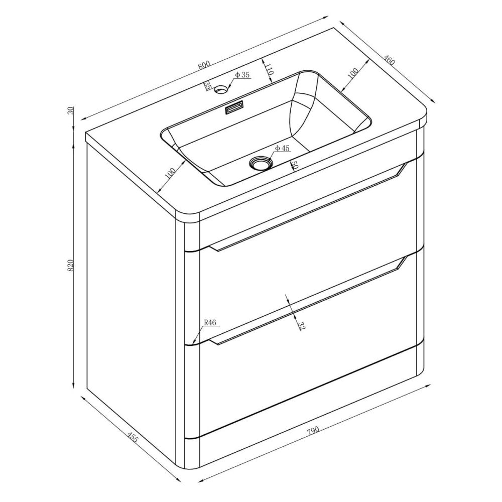 Floor Standing 800mm Vanity Unit in Royal Blue Dimensions
