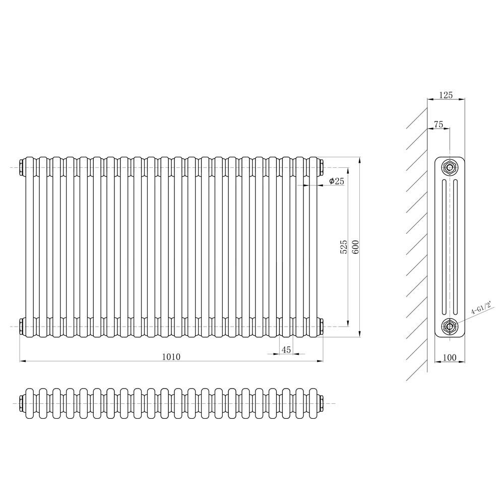 Upton White Triple Horizontal Column Radiator 600x1010mm
