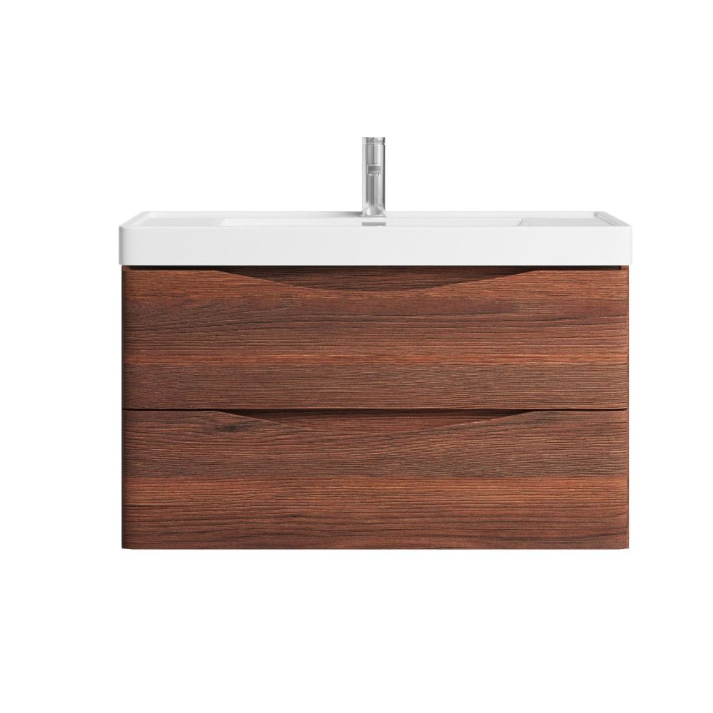 Front on view of the Erin Rosewood Wall Hung Vanity Unit with Ceramic Basin 900mm