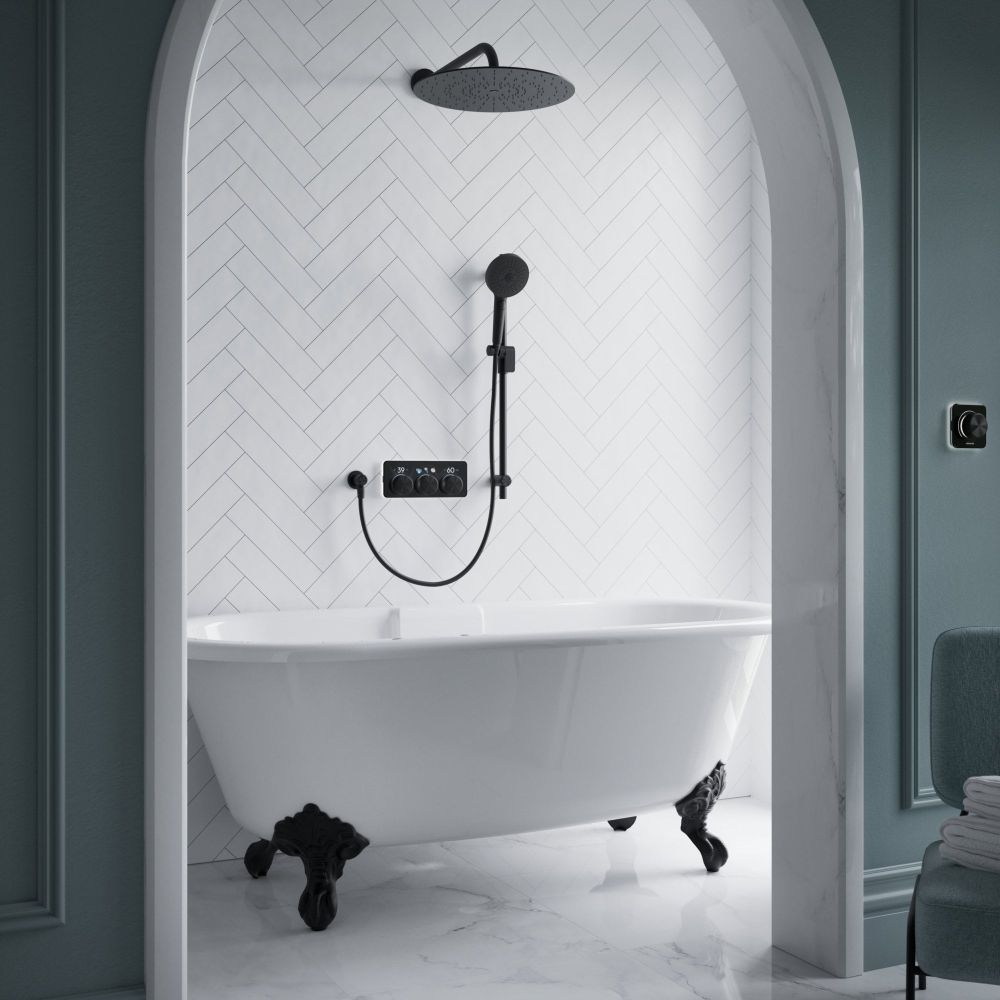 Aqualisa S3 black Smart Digital Shower Triple Outlet (Slide Rail Kit with Fixed Wall Head) HP/Combi Displayed in a modern roomset with white tiles