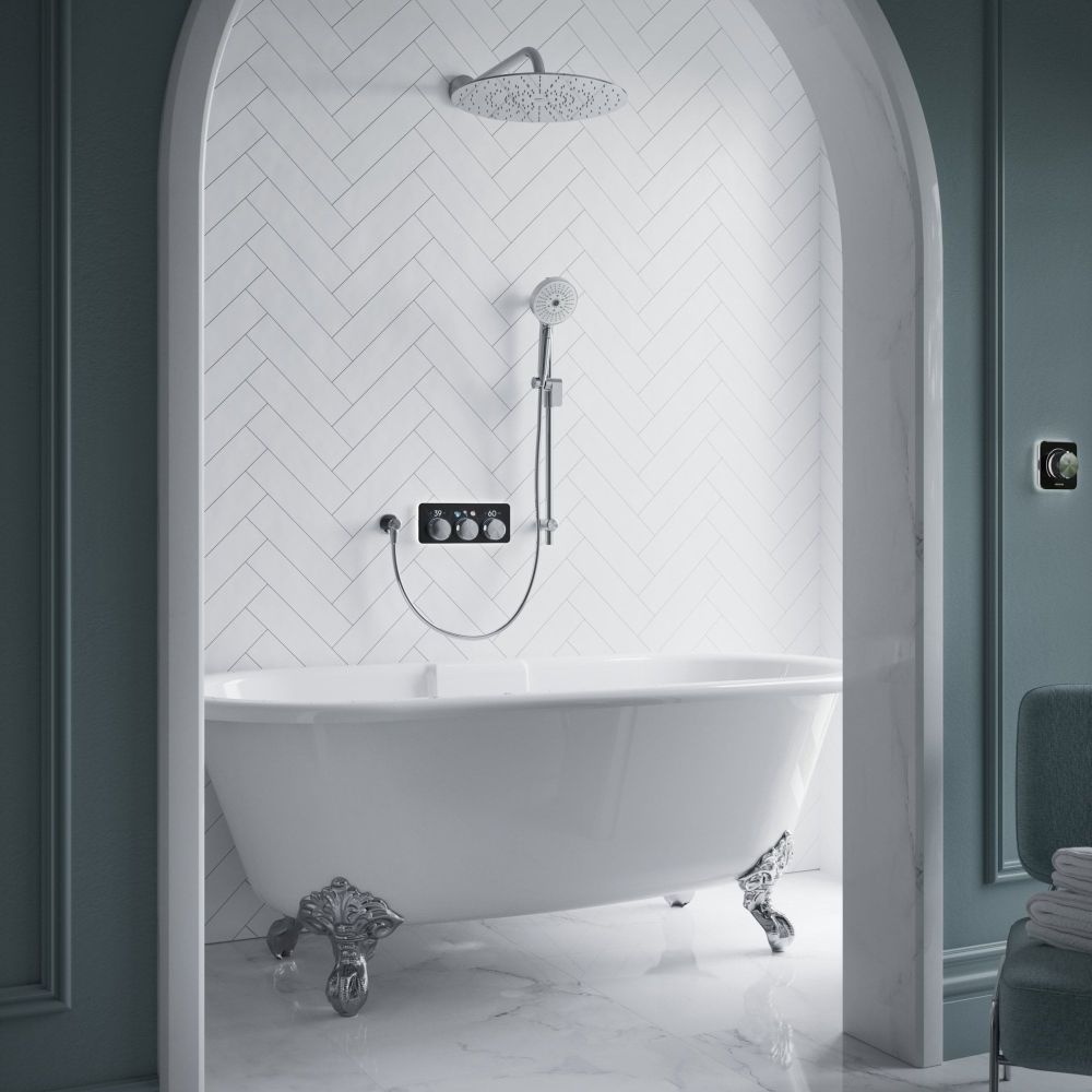 Aqualisa S3 chrome Smart Digital Shower Triple Outlet (Slide Rail Kit with Fixed Wall Head) HP/Combi Displayed in a modern roomset with white tiles