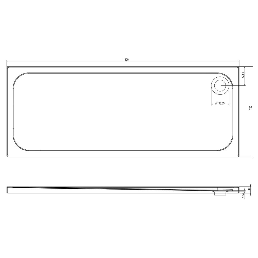 Low Profile Rectangle Shower Tray 1800x700mm Spec Drawing