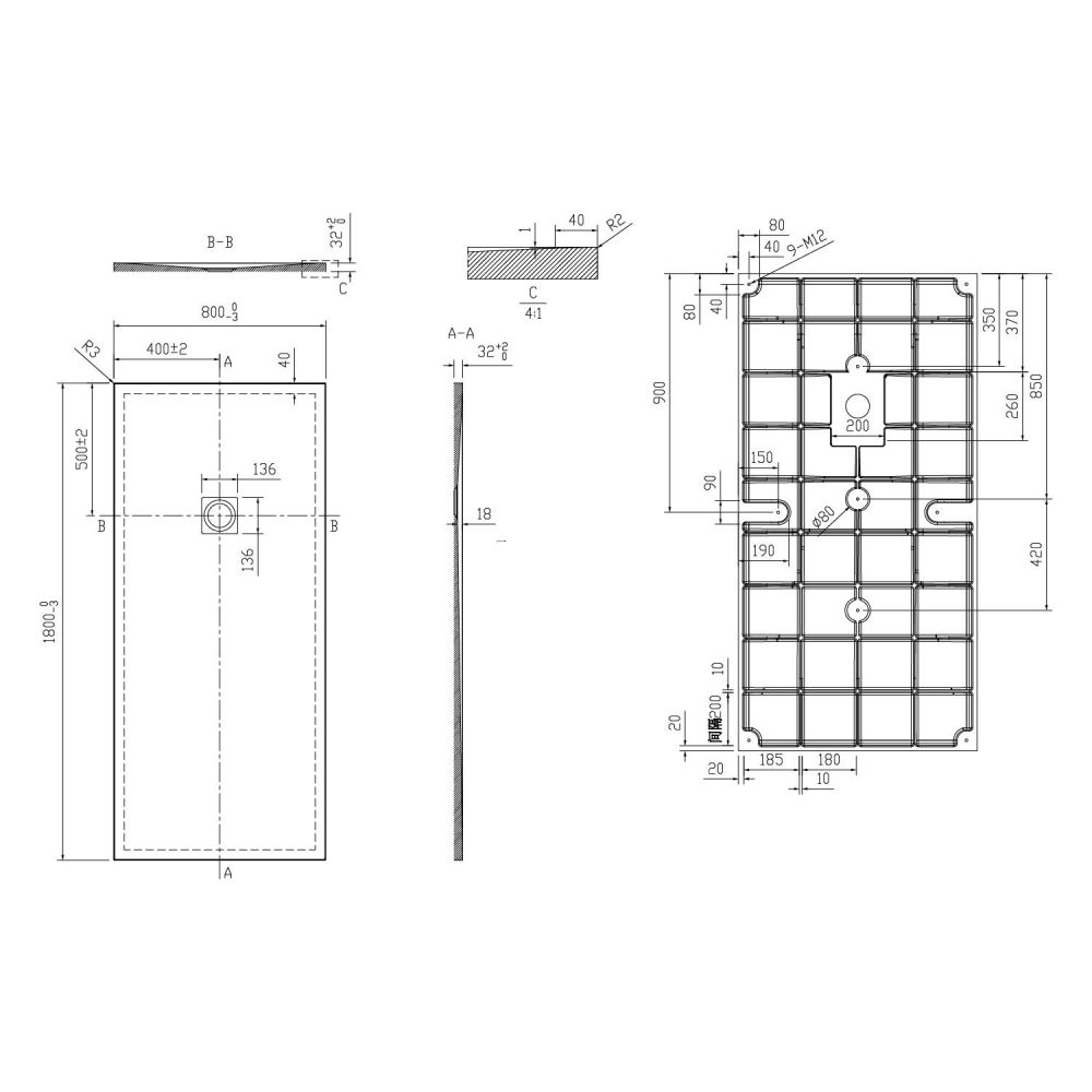 Peoria Marble Effect Rectangle Shower Tray 1800x800mm Technical Drawing