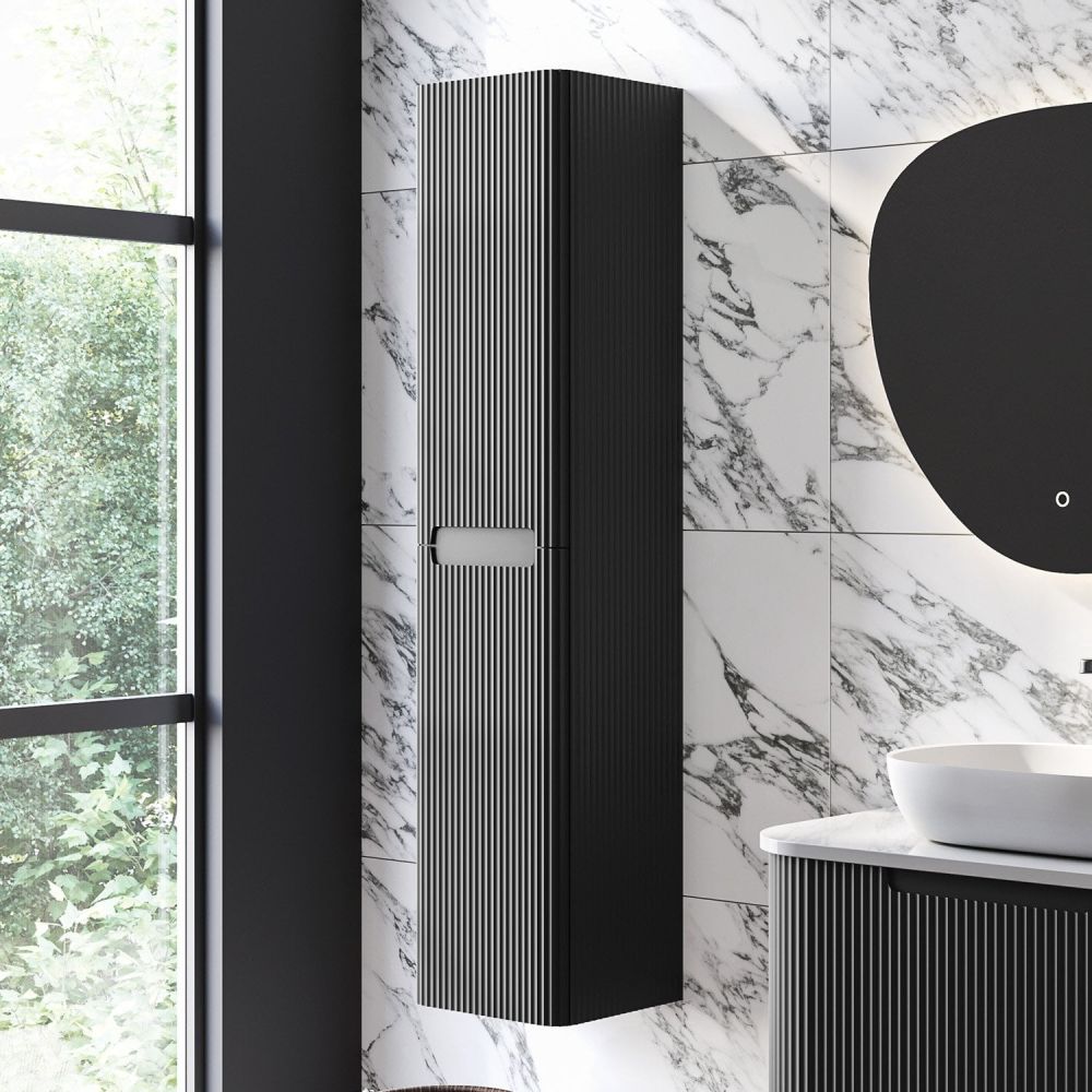 modern marble roomset showcasing the Soar Ribbed Black Wall Mounted Tall Storage Cabinet