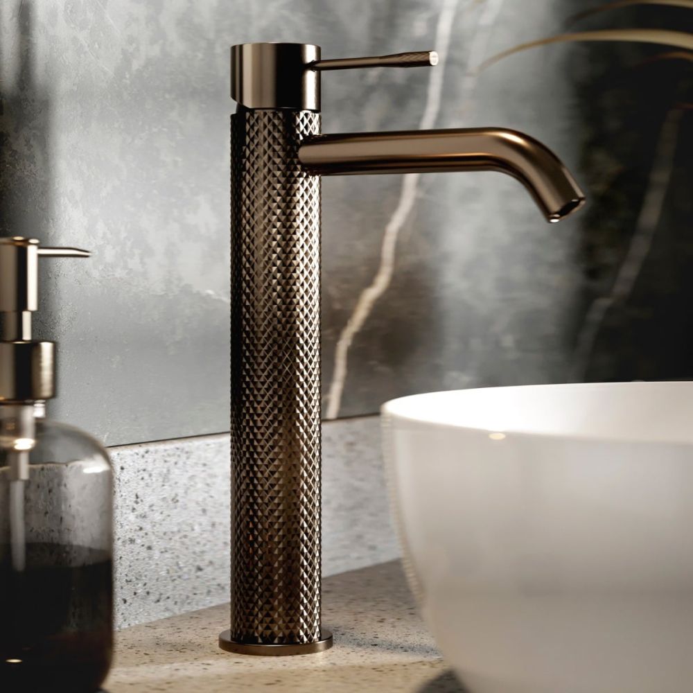 Moray Satin Bronze tall basin mixer tap featuring a textured knurled detailing - roomset