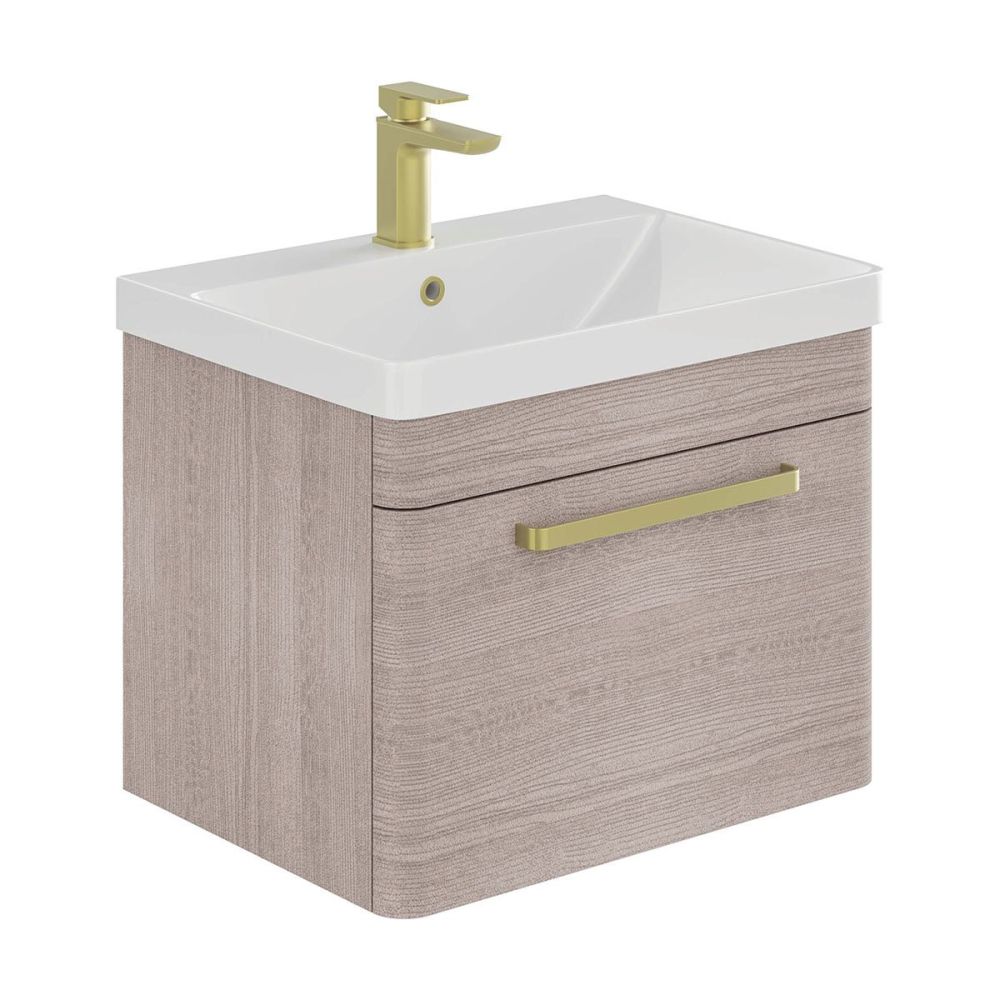 Esk Stone Grey Wall Hung Vanity Unit and Basin with Brushed Gold Handles 600mm
