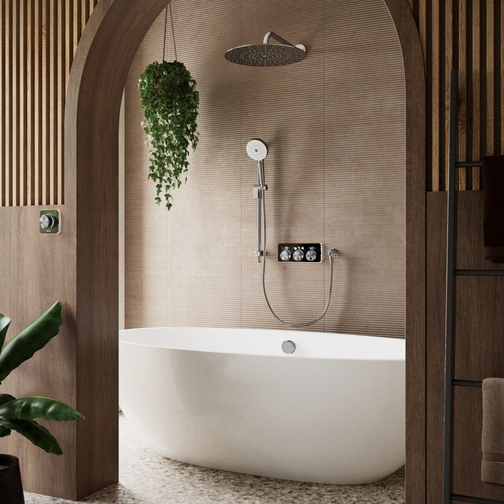 Aqualisa S3 chrome Smart Digital Shower Triple Outlet (Slide Rail Kit with Fixed Wall Head) HP/Combi Displayed in a modern roomset with brown tiles