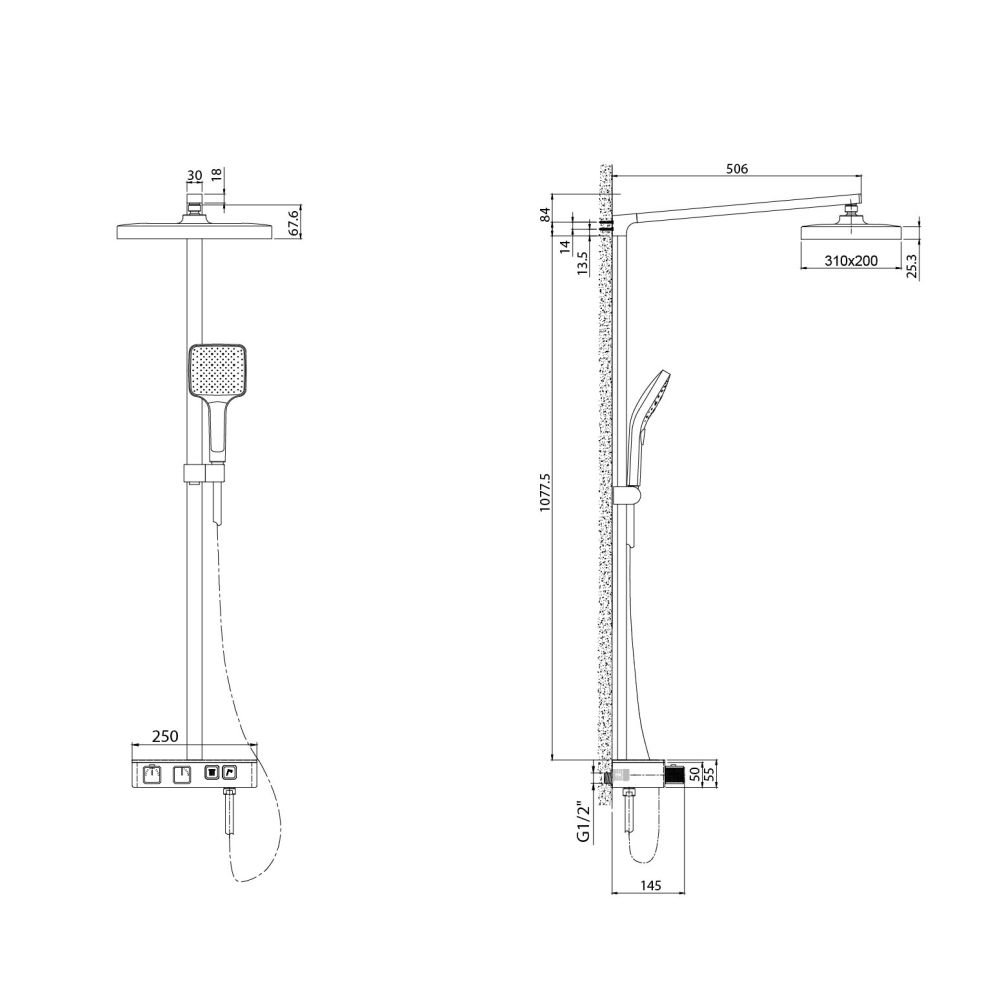 Flint Thermostatic Shower Pack Technical Spec Drawing