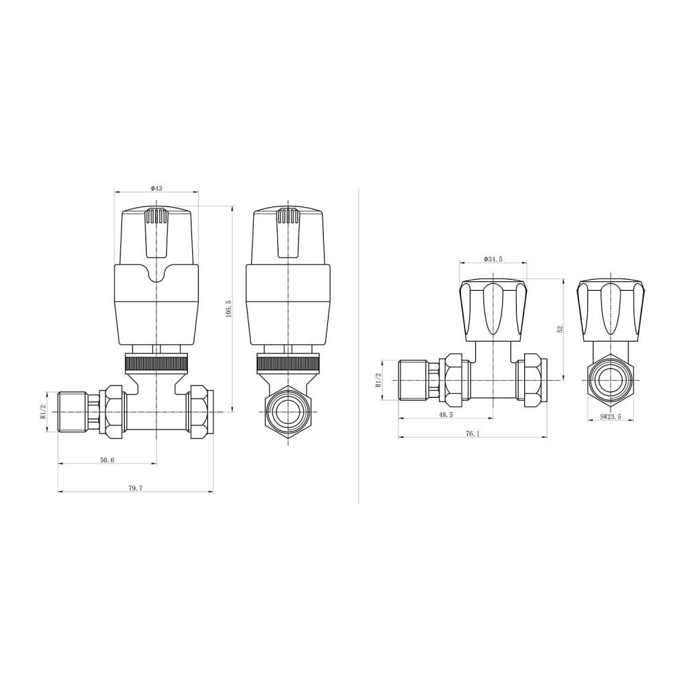 Thermostatic Brushed Gold Straight Pair of Radiator Valves Spec Drawing