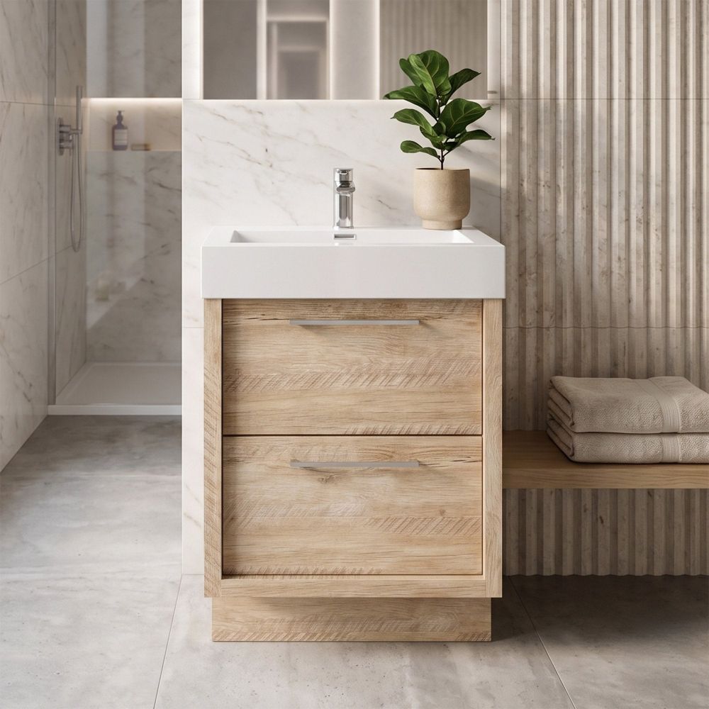 modern scandi style light oak coloured vanity unit with basin in a beige neutral modern bathroom
