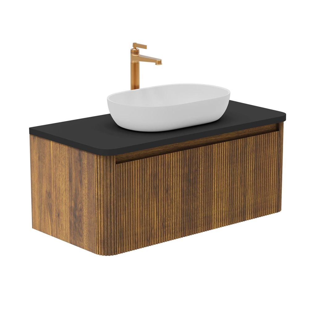 Wish Ribbed Wall Hung Vanity Unit in Walnut with Black Worktop 1000mm