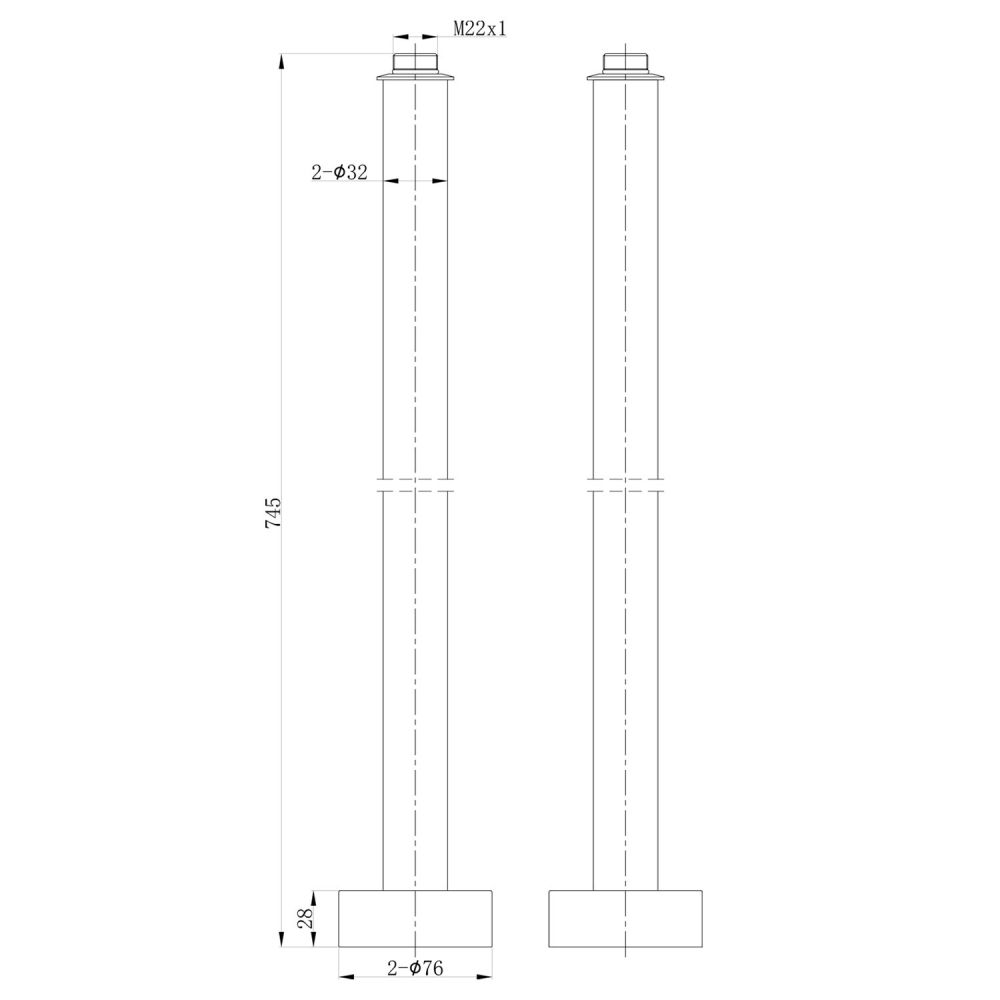 Warwick Brushed Gold Floor Stand Pipes Dimension Drawing