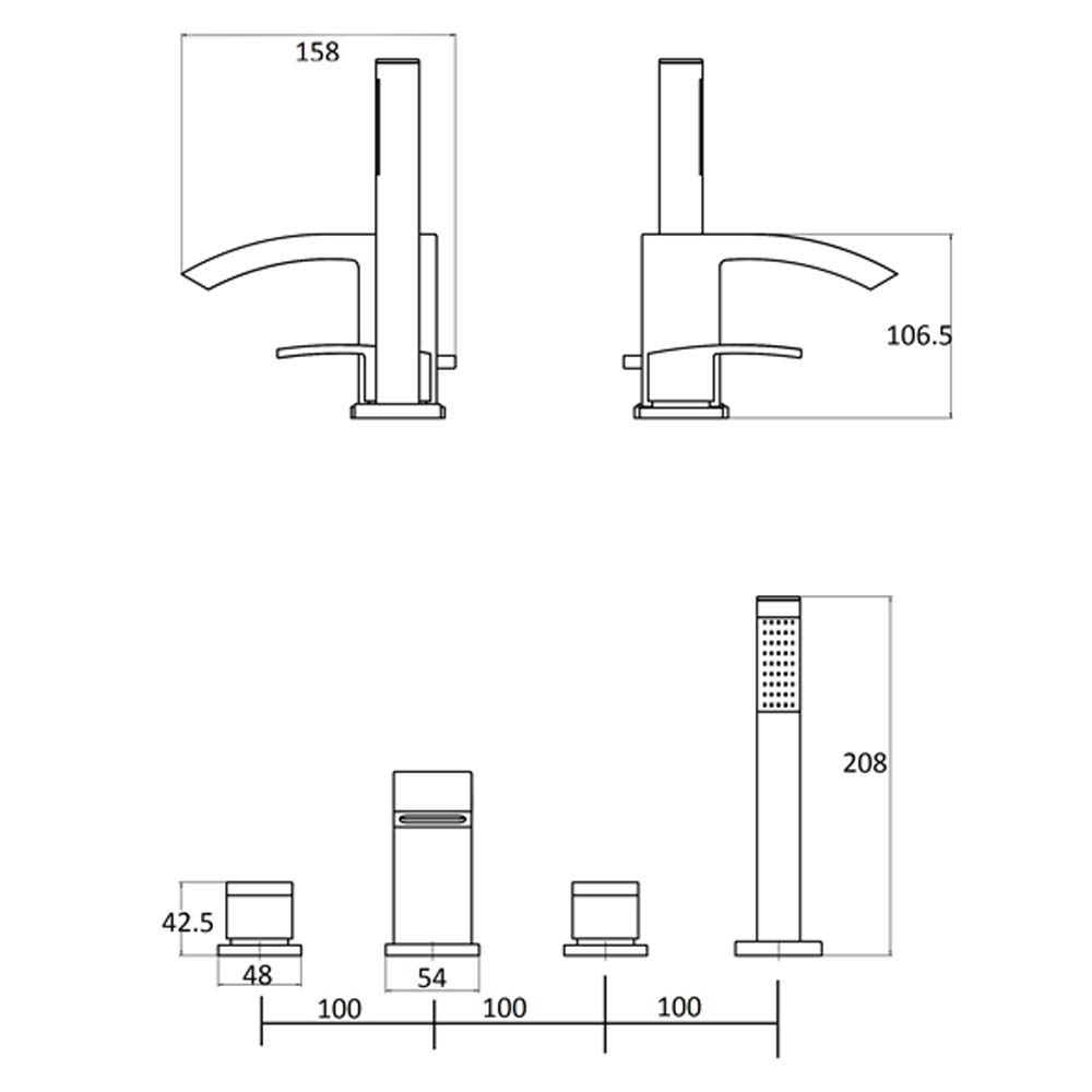 Tear Chrome Deck Mounted 4 Hole Bath Shower Mixer Tap - Dimensions