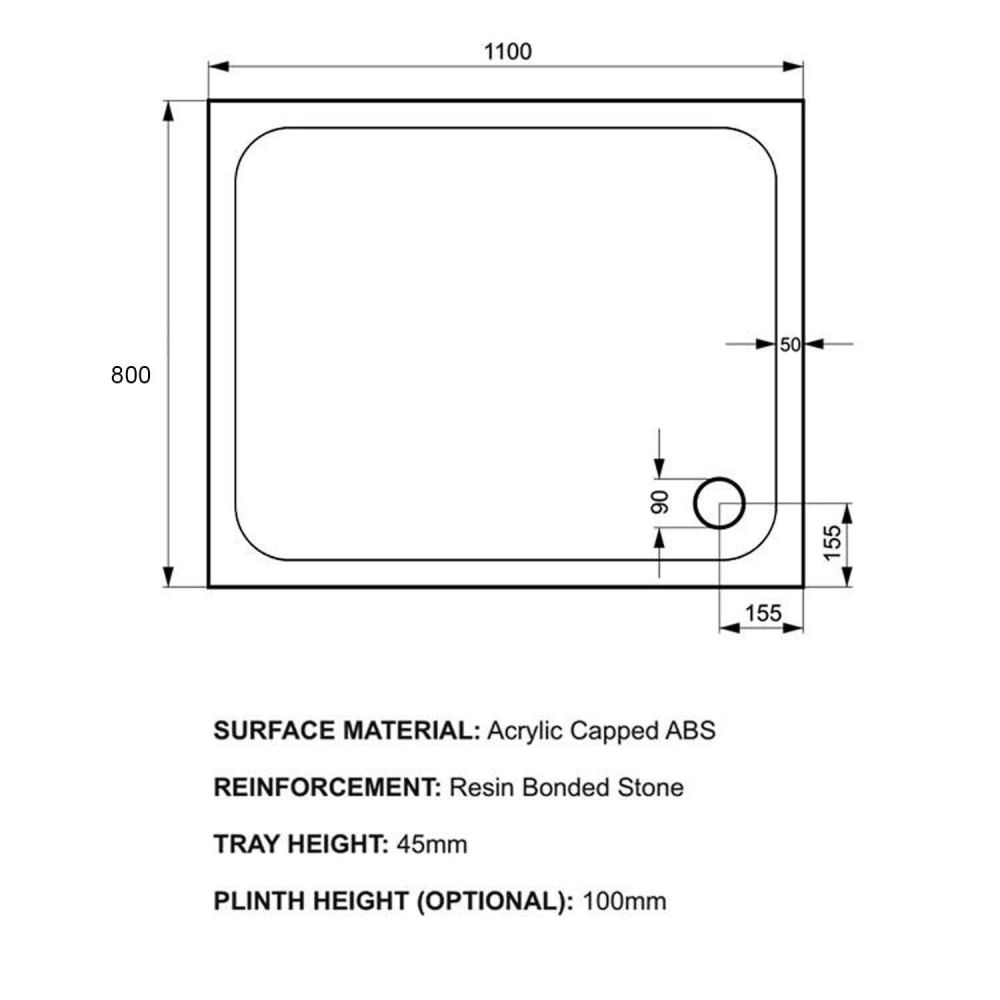 Kstone Rectangular Shower Tray 1100x800mm KS11080 Spec Drawing