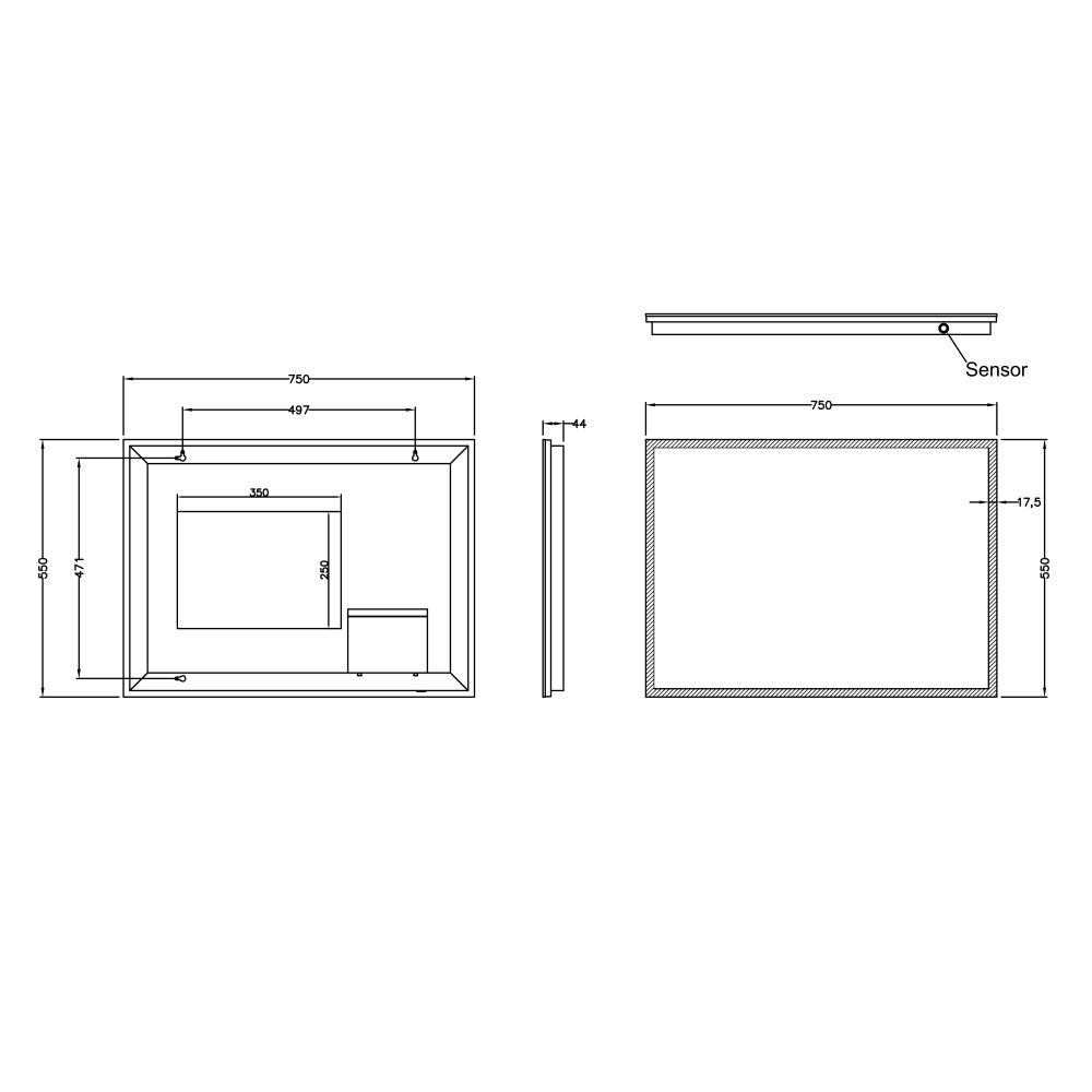 Venn Illuminated LED Heated Bathroom Mirror 750x550mm Spec Drawing