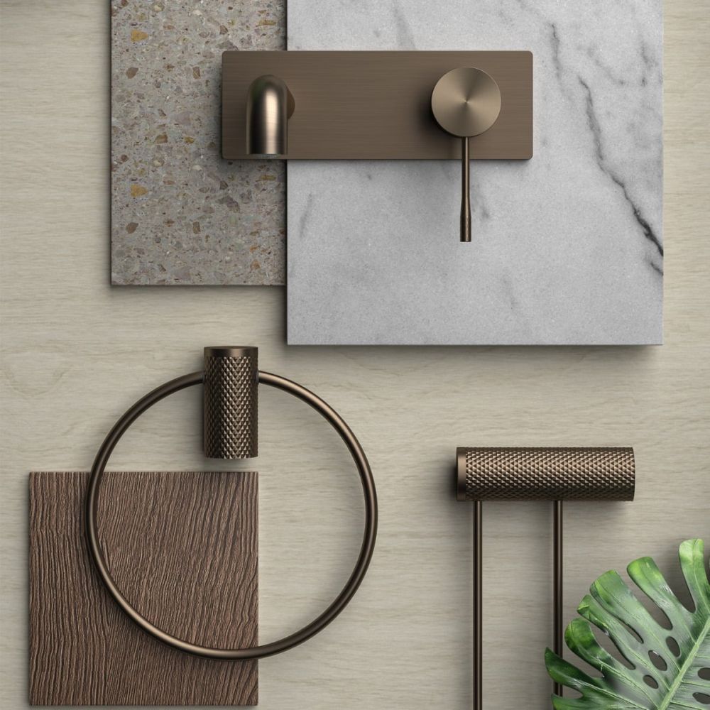 Moray Satin Bronze wall mounted basin tap featuring a textured knurled detailing - Moodboard
