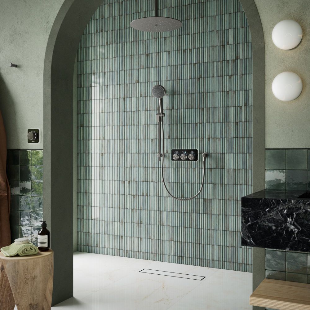 Aqualisa S3 Matt Black Shower Pack on a aqua tiled background