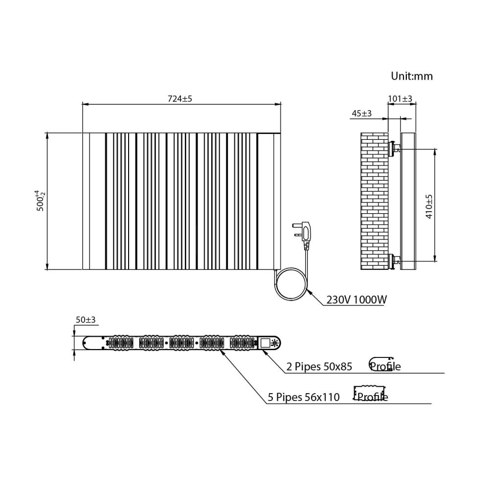 Peru Smart Electric Panel Plug-In Heater 500x725mm Technical Drawing