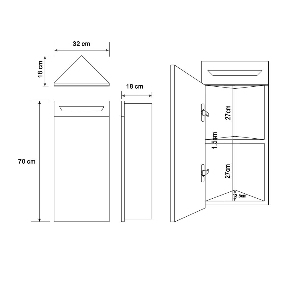Ashburn Illuminated LED Bathroom Mirrored Corner Wall Cabinet 320x700mm Spec Dimension Drawing