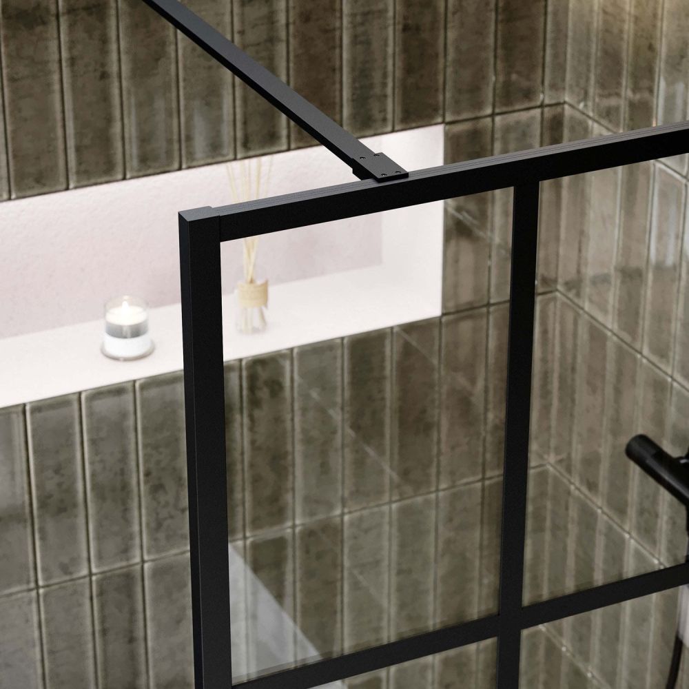 Amien Matt Black Grid Framed Shower Screen 680mm