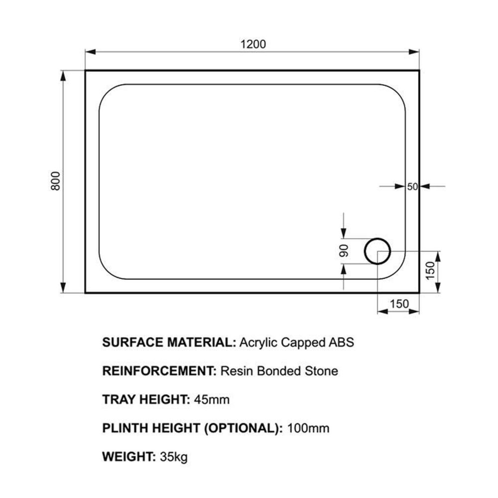 Kstone Rectangular Shower Tray 1200x800mm KS12080 Spec Drawing