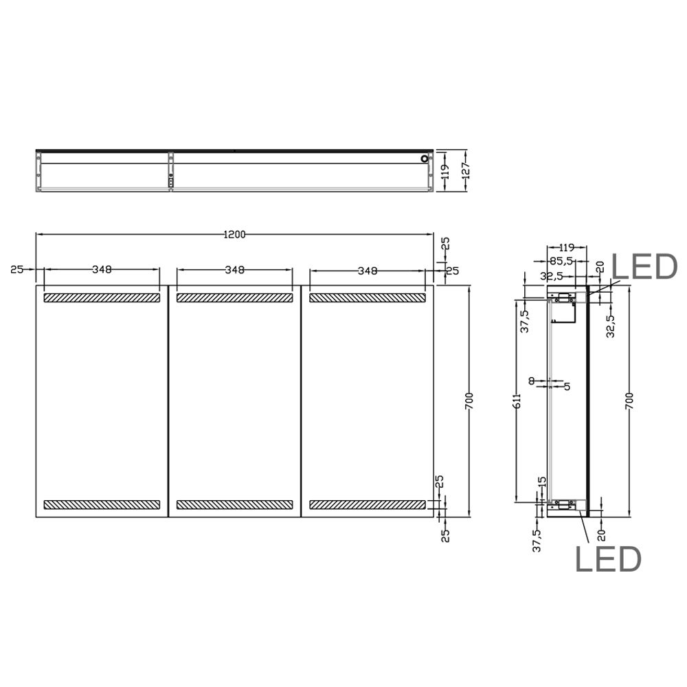 Corton Motion Sensor Illuminated LED Mirrored Bathroom Wall Cabinet 700x1200mm Dimension Drawing