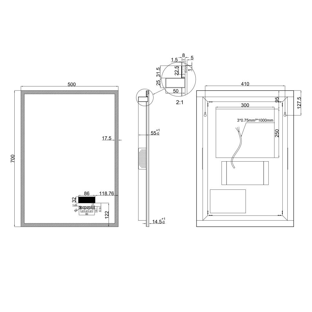 Ultra Illuminated LED Smart Mirror with Bluetooth Speakers 500x700mm Spec Dimension Drawing