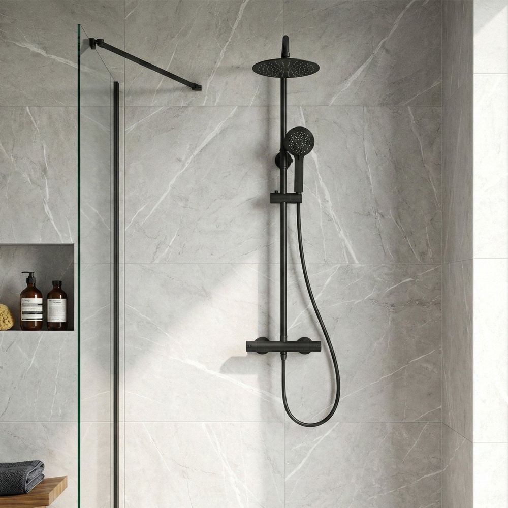 Vibra Matt Black Round Thermostatic Shower Pack