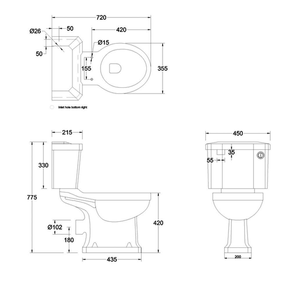 Close Coupled Toilet Slimline Cistern & Push Button spec drawing