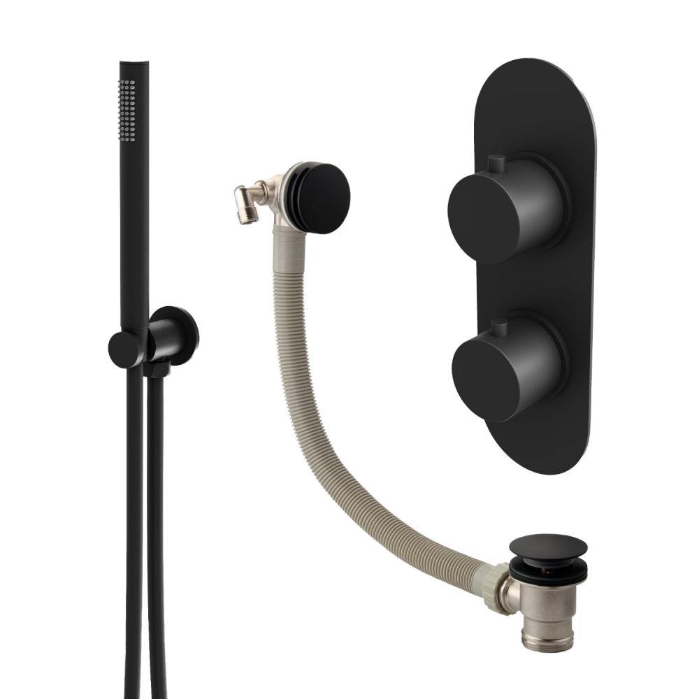 Elora Matt Black Round Dual Outlet Shower Pack with Bath Overflow Filler & Handheld Shower