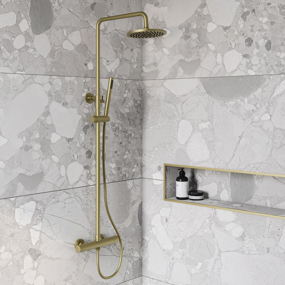 Elora Brushed Gold Round Thermostatic Shower Pack Room Set