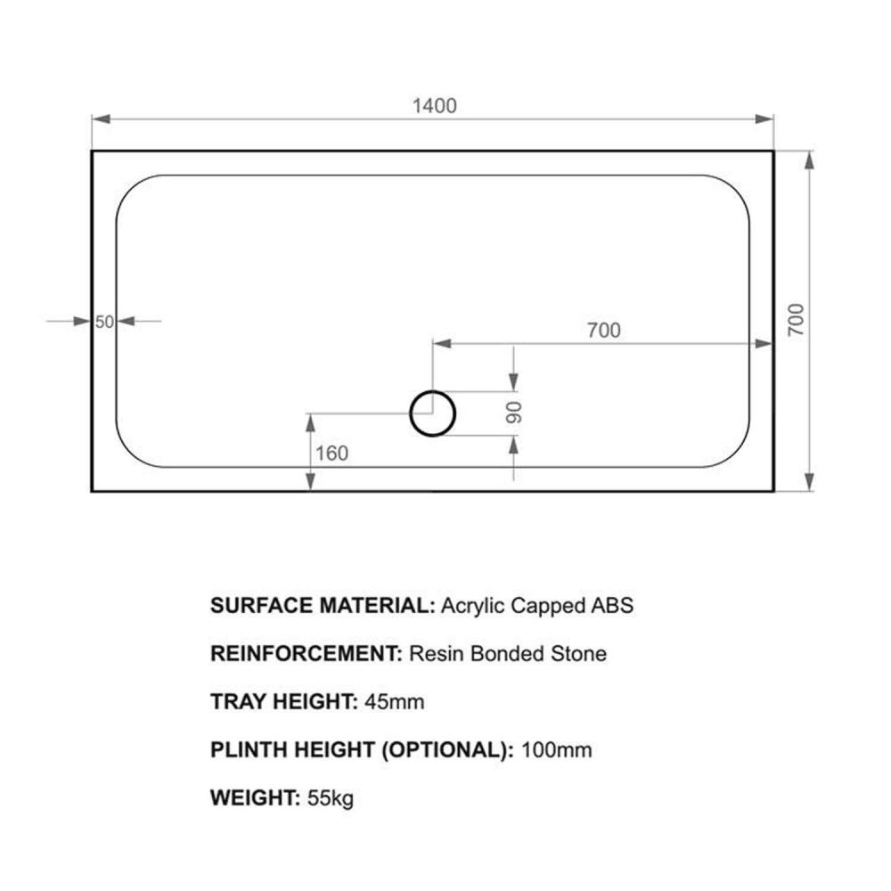 Kstone Rectangular Shower Tray 1400x700mm KS14070 Spec Drawing