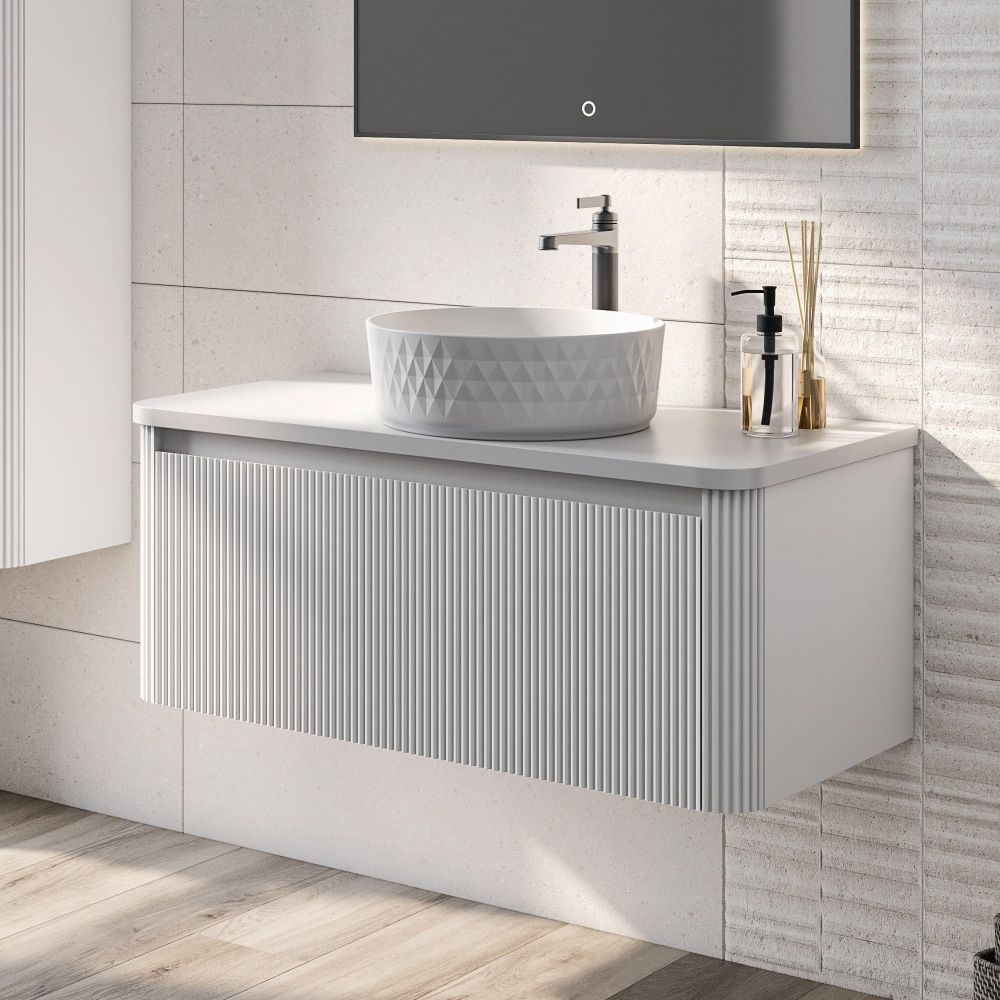 Wish Ribbed Wall Hung Vanity Unit in White with White Worktop