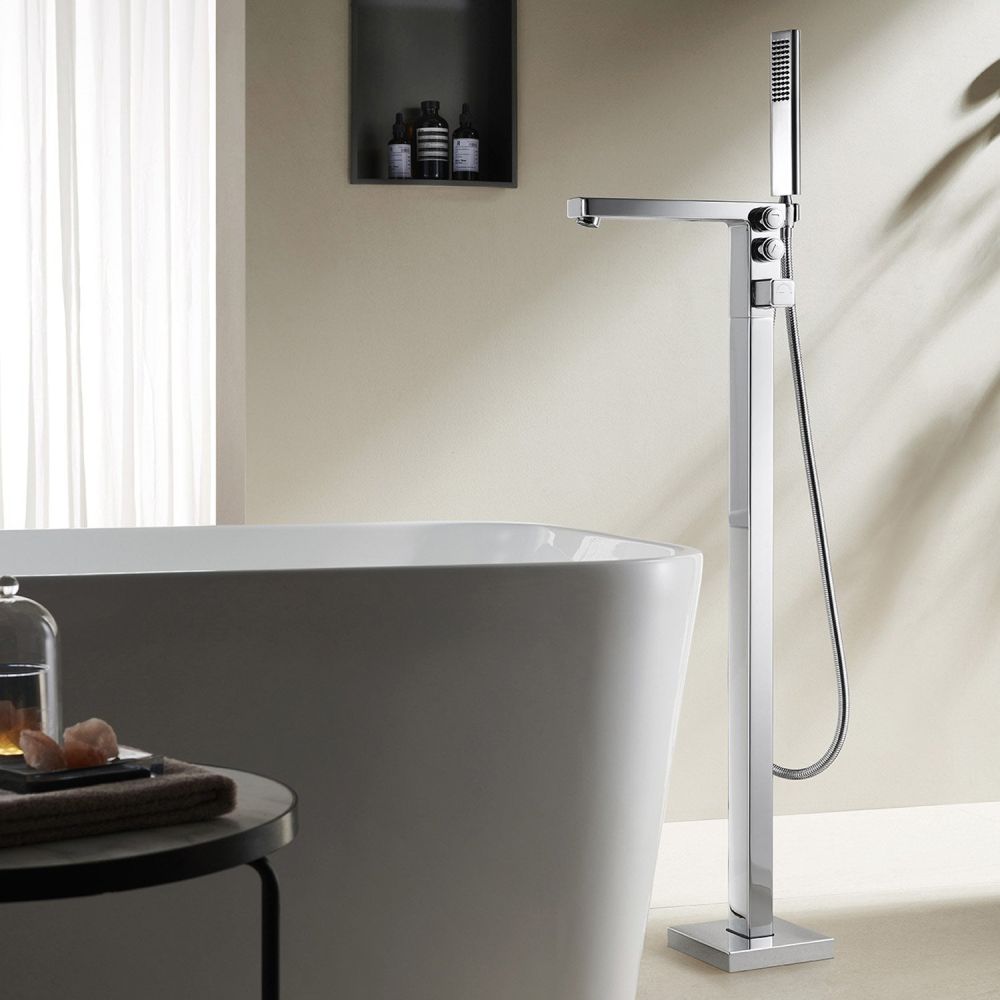 Modern room set showing the Flint Chrome Floor Standing Bath Shower Mixer