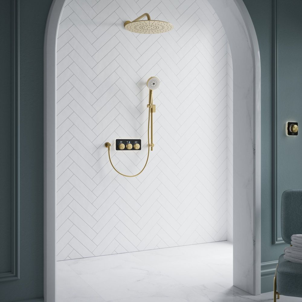 Aqualisa S3 Gold Digital Shower Dual Outlet (Slide Rail Kit with Fixed Wall Head) HP/Combi Displayed in a modern roomset with white tiles