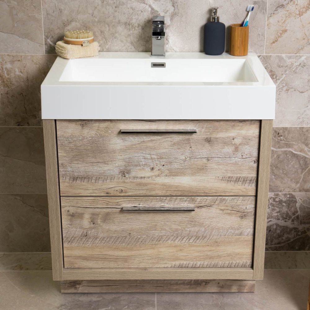 Winslow Light Sawn Oak Floor Standing Vanity Unit with Basin 600mm in a roomset 