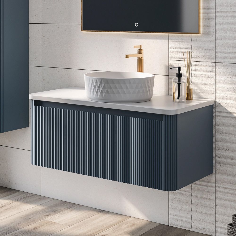 Wish Ribbed Wall Hung Vanity Unit in Blue with White Worktop