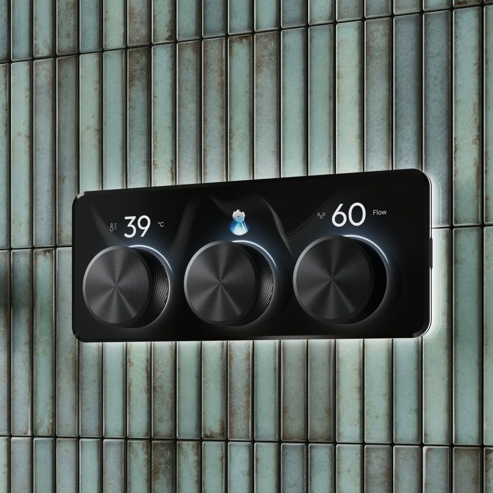 Aqualisa S3 black Horizontal Controls detailed view upon a teal tiled background