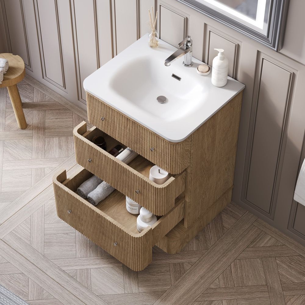 Traditional setting showing the Hayward Natural Oak Ribbed Floor Standing Vanity Unit 600mm open