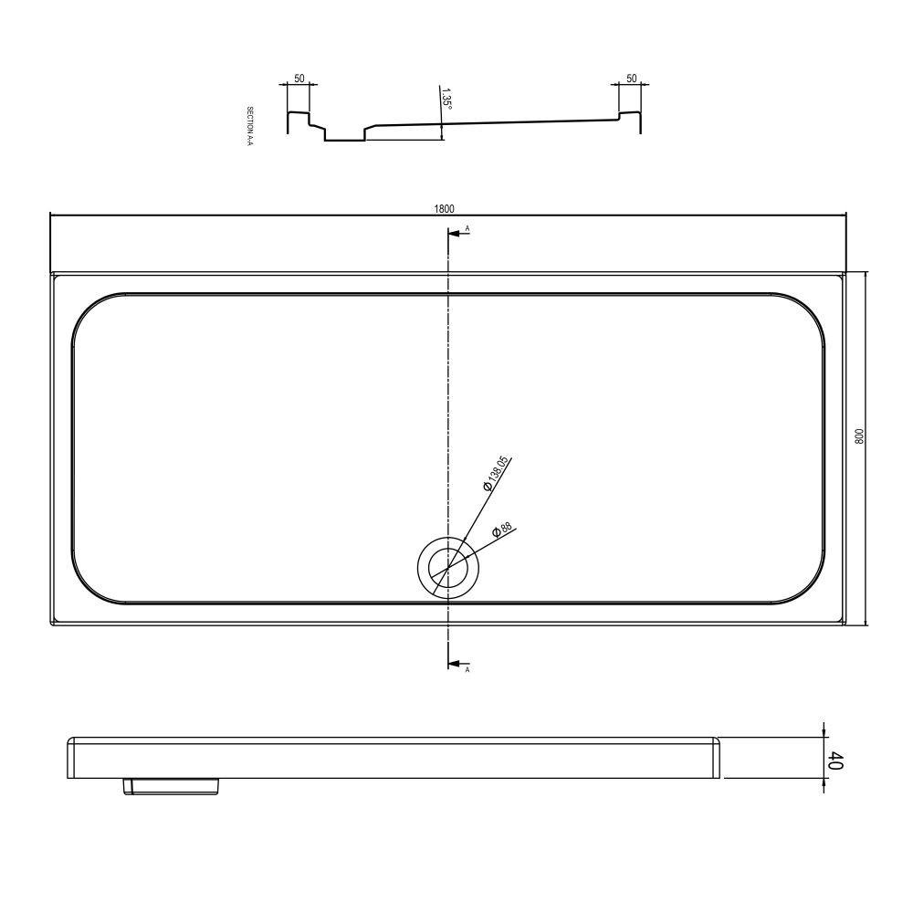 Low Profile Rectangle Shower Tray 1800x800mm Spec Drawing