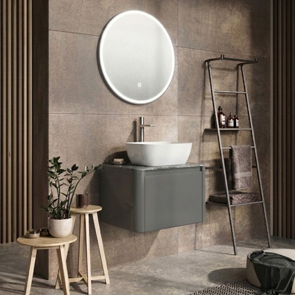Modern roomset showcasing the Callerton Titanium Grey Wall Hung Vanity Unit with Grey Marble Worktop 650mm