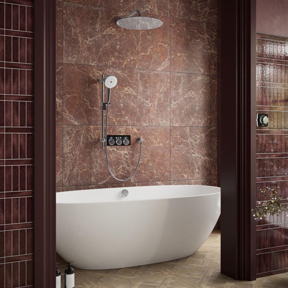 Aqualisa S3 chrome Smart Digital Shower Triple Outlet (Slide Rail Kit with Fixed Wall Head) HP/Combi Displayed in a modern roomset with stone brown tiles