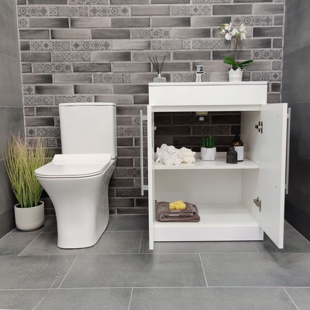 Apex 615mm Floor Standing Vanity Unit & Basin in Gloss White with Matt Black Handles